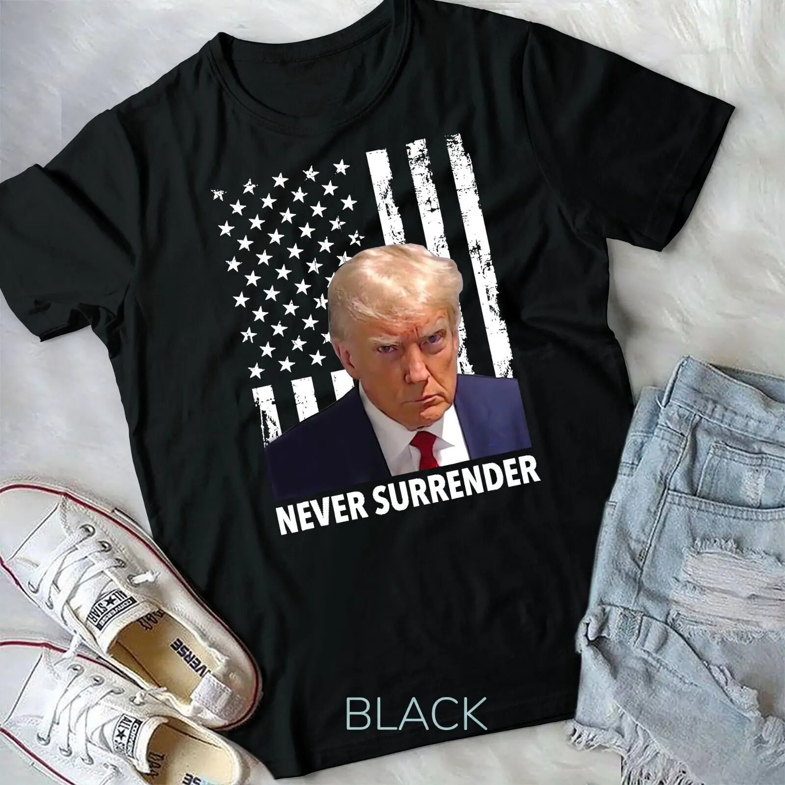 Donald Trump Mug Shot - Never Surrender Pro Trump USA Flag Unisex T-shirt