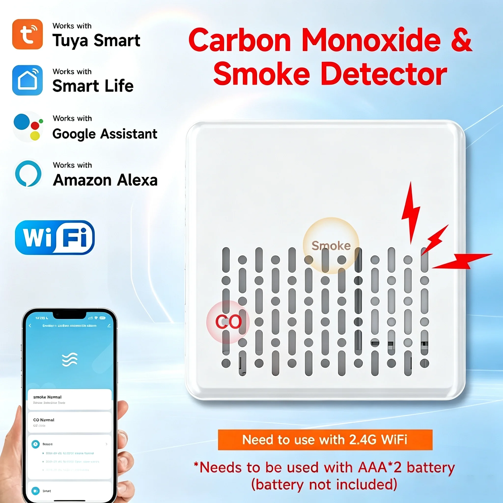 Tuya Smart 2 in 1 WiFi Fire Smoke Detector Carbon Monoxide CO Gas Alarm APP Remote Monitoring With Alexa Google Security Alarm