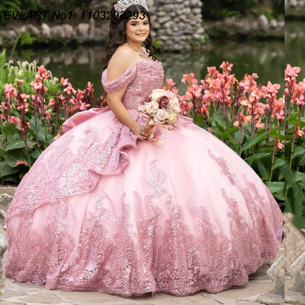 

EVLAST Customized Princess Pink Quinceanera Dress Ball Gown Shiny Lace Applique Beading Bow Sweet 16 Vestidos De 15 Anos E1QN703