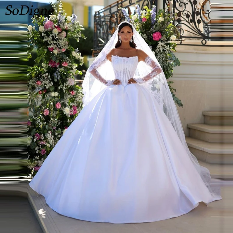 

SoDigne A-line Satin/Lace Wedding Dresses Strapless Detachable Sleeves Bridal Dress Elegant 2025 Wedding Gown Custom Made ﻿