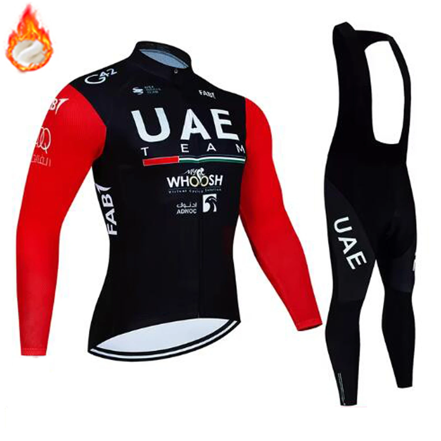 فريق الإمارات العربية المتحدة الشتاء طويلة الأكمام الحراري الصوف الدراجات جيرسي مجموعة مريلة السراويل Ropa Ciclismo دراجة الملابس الجبلية دراجة جيرسي موحدة