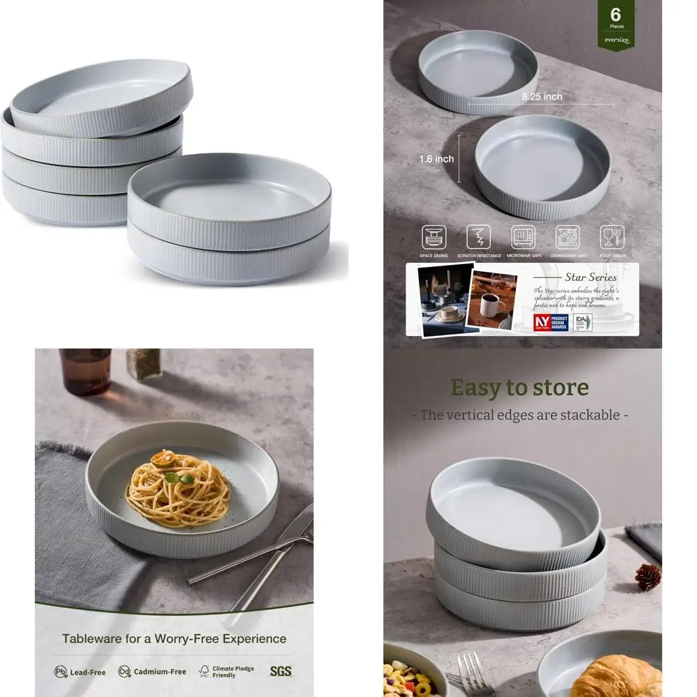 

Набор из 6 больших мисок для макарон и ужина, светло-серые неглубокие миски для еды, салатные тарелки, идеально подходят для повседневного использования