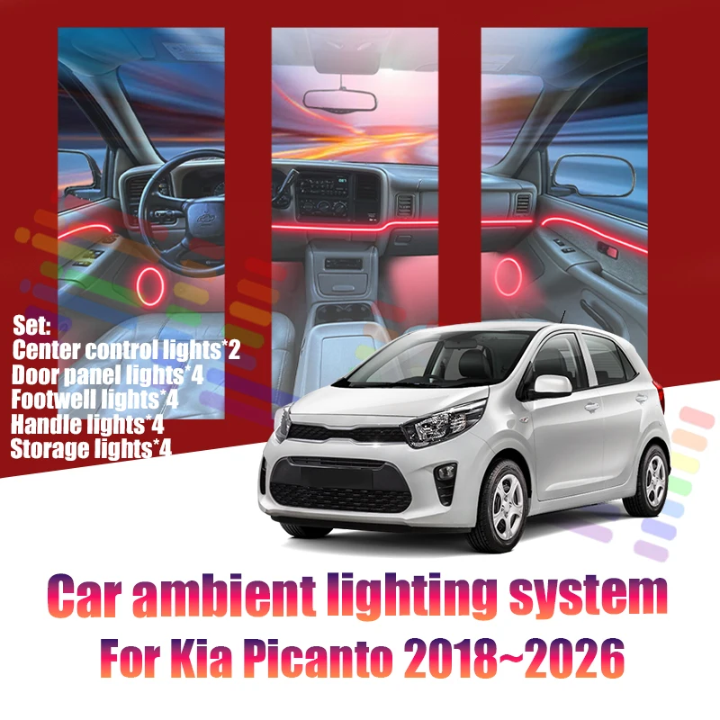 Luces LED Ambientales para Kia Picanto 2018~2026 JA MK3, Luces de Atmósfera Coloridas, Tira de Neón Interior para Auto, Iluminación RGB de 64 Colores