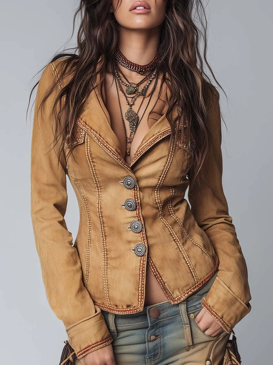 

Lapel Collar Jacket for Women Short Coat American Retro Single Breasted Long Sleeve Slim Fit Solid Vintage Outerwear