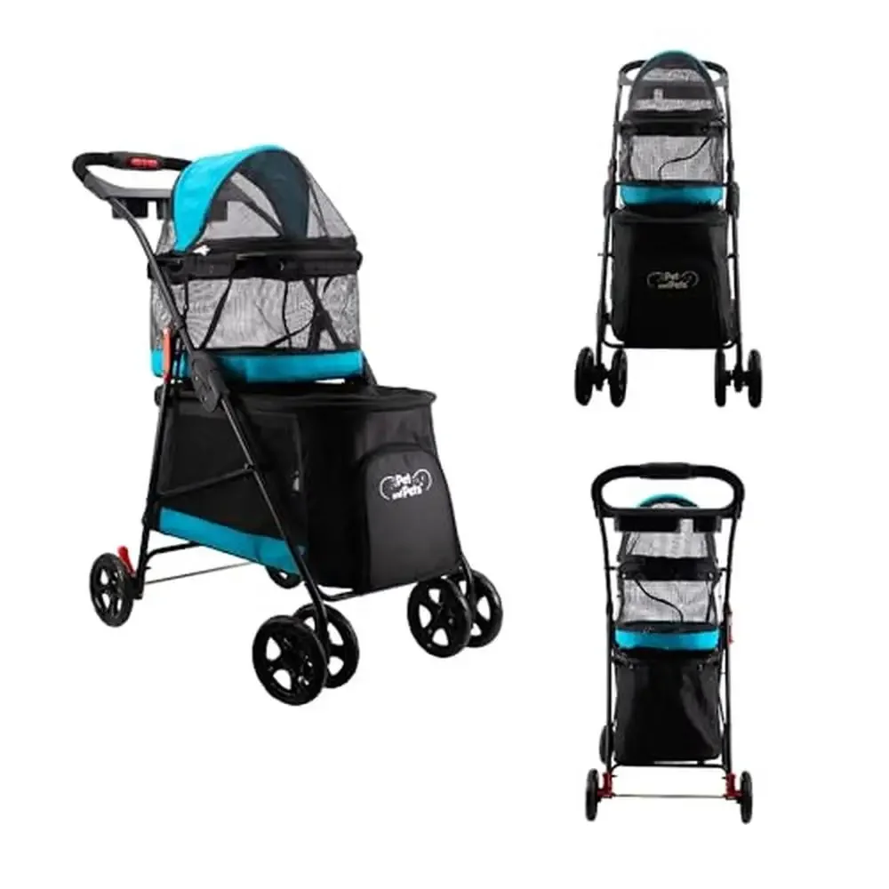 Double Decker Pet Stroller Lightweight Foldable Safety Leashes 11lbs/22lbs Two-Level Design Easy Wash Teal Fur Mesh Window