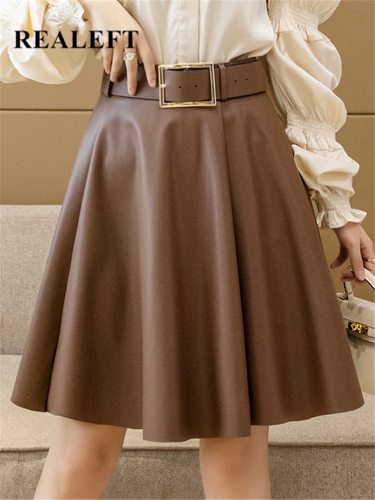 

REALEFT Women's PU Leather Skirts With Belted 2022 New Fashion Solid Color High Waist Casual Short Ladies A-Line Skirts Female