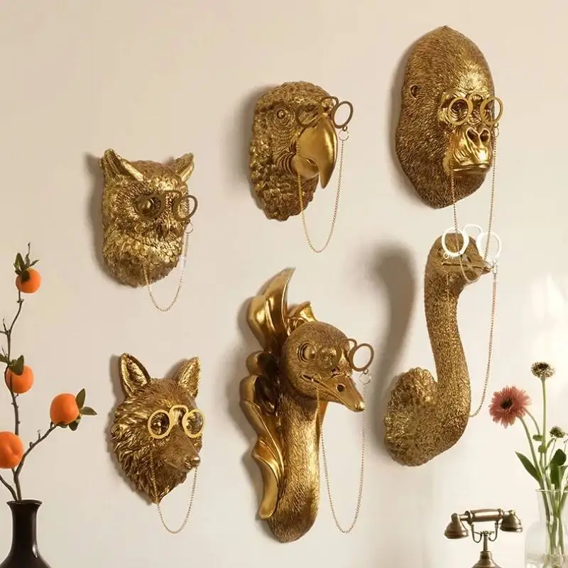 Golden Animal Head Wall Hanging Resin Handicraft Eyeglass Owl Parrot Pendant Cartoon Ostrich Background Wall Decoration