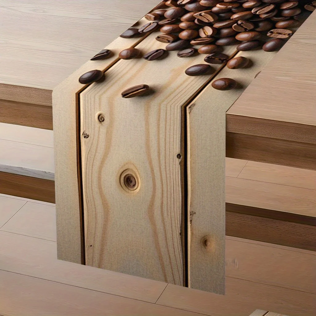 1 Piece of Coffee Bean-Themed Table Runner with Vibrant Pattern Design on a Wooden Surface, Suitable for Farmhouse, Indoor, Kitchen, Celebrations, Table Decoration, Restaurant, and Banquet Decoration Supplies