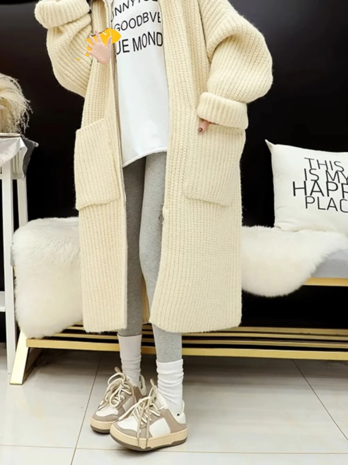 ゆったりとした大きめサイズのレイジーなスリーブニットのオープンカーディガン、レディースミドル丈フード付きパッチワークセーター、ジャエット・ティ、秋冬新作...