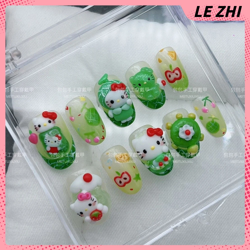 10Pcs Kawaii Cartoon Anime Wearable Press On Nails Sanrio Hello Kitty My Melody Leopard Print Strawberry Short Oval False Nail