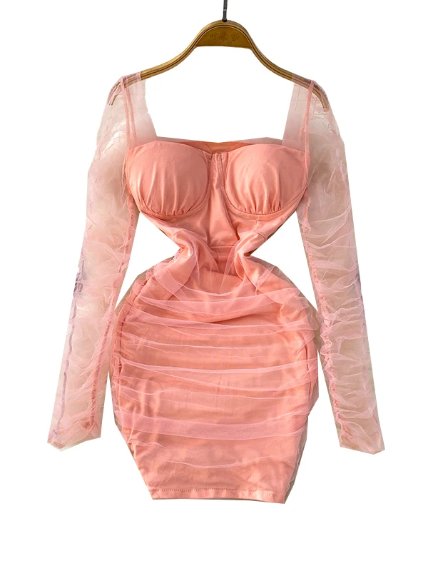 E vestido de malha de manga crida de cintura alta f design de verão slim-fit bodycon saia painéis transparen...