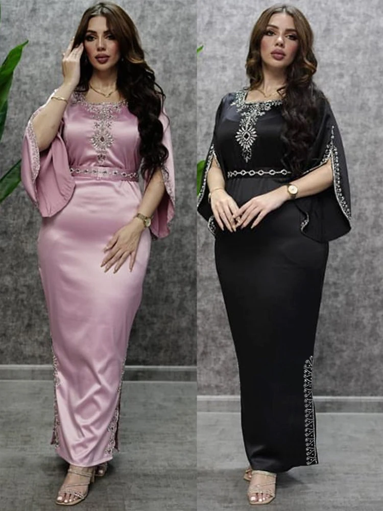 Evening Party Dress Diamonds Muslim Women Abaya Split Slim Vestidos Dubai Arab Turkey Ramadan Abayas Caftan Kaftan Eid Elegant