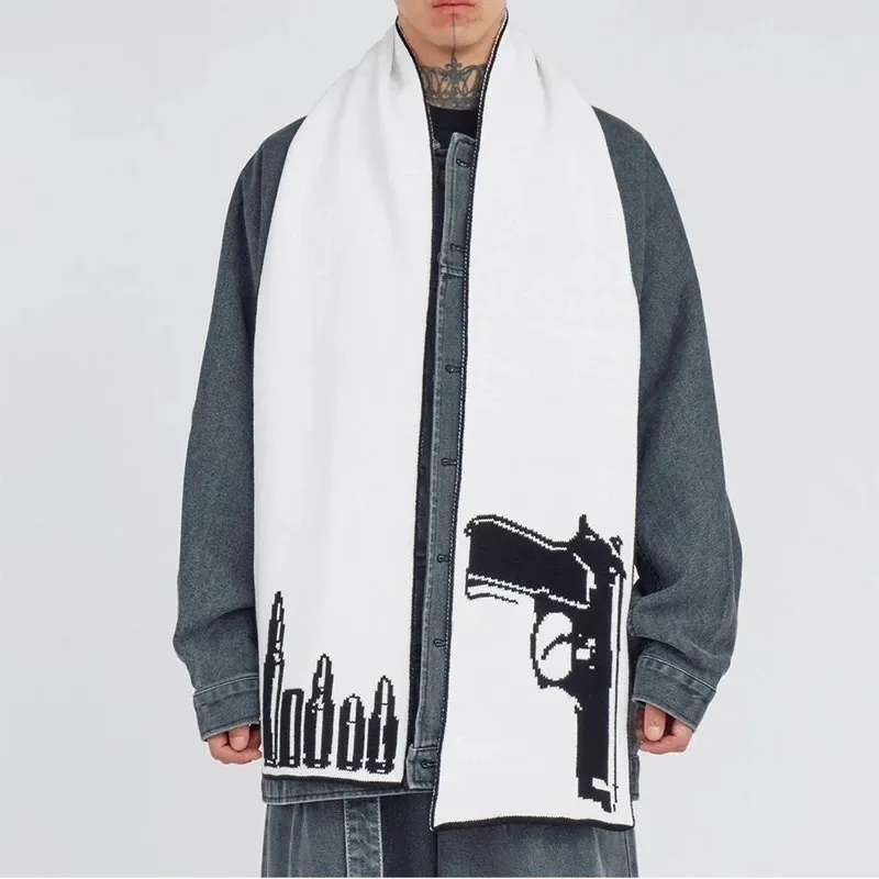 Fashion Creative Pistol Print Gothic Striped Knitted Scarf Apron Black Women's Scarf Men Winter Y2K  Tassel Luminous Scarf Women