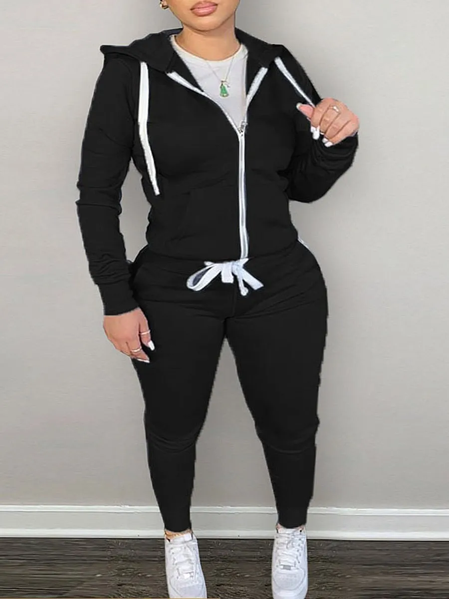 

LW BASICS Plus Size Tracksuits Letter Print Kangaroo Pocket Tracksuit Set Women Zip Hooded Long Sleeve Coat And Pants Two Piece