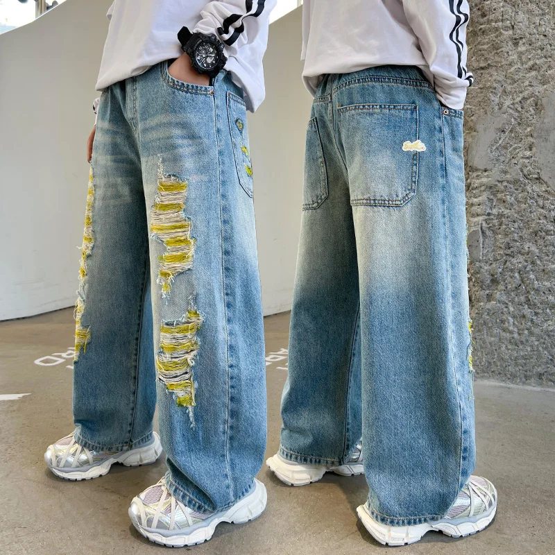New Style Children Loose Straight Destroyed Jeans for Teens Boy Casual Ripped Denim Pants Korean Kids Fashion Trousers Age 5-14Y