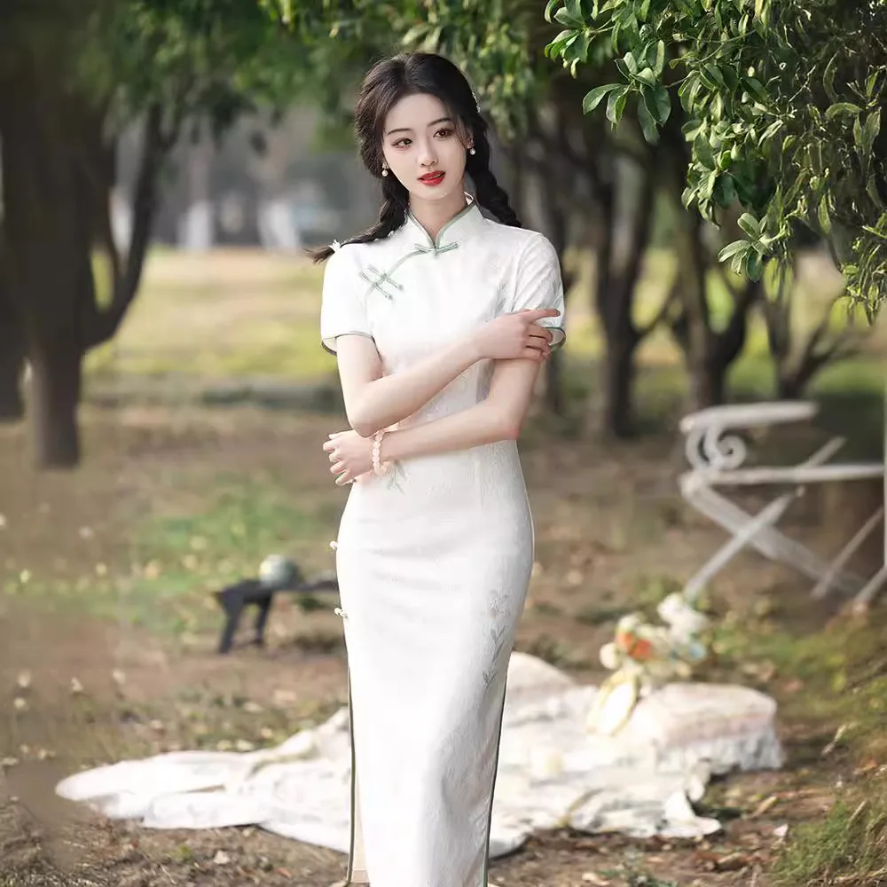 Spitze täglich Cheong sam Frauen schlanke Kurzarm Kleid chinesischen Stil Vintage traditionellen Mandarinen kragen Qipao