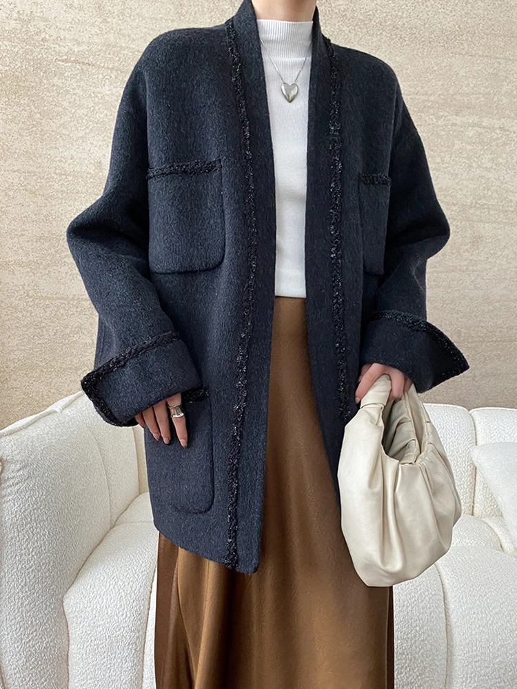 TLXT 女性のベルトギャザーウエストウールブレザー女性のための V ネックオフィスレディ厚く暖かい緩い生き抜く 2025 冬の新 XK1020