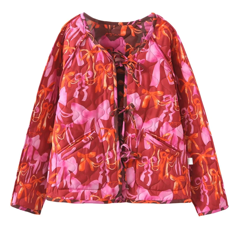 

PB&ZA2025 winter new women's casual fashion simple loose printing round neck long sleeve double-sided bow cotton jacket