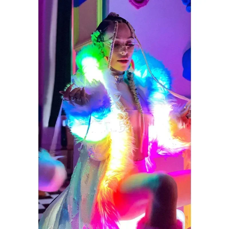 Carnival Party LED Long Coat Women Fur Sequins Luminous Light Up Clothing Rave Outfit Warm Jacket Circus Show Stage Wear 2024