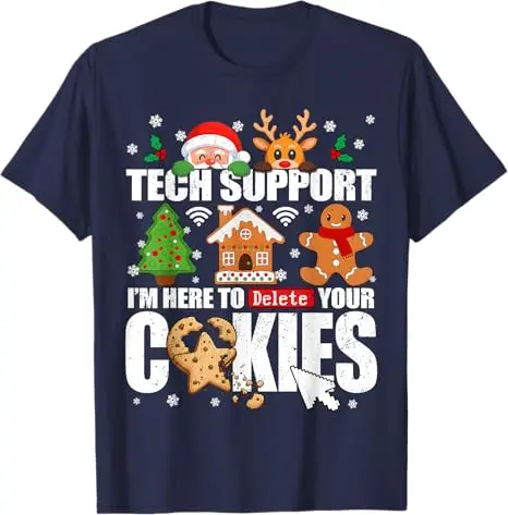 الدعم التكنولوجي حذف ملفات تعريف الارتباط الخاصة بك الرجال القبيح عيد الميلاد IT الطالب الذي يذاكر كثيرا تي شيرت Y2k سانتا عيد الميلاد منامة زي الأسرة مطابقة قائلا المحملة