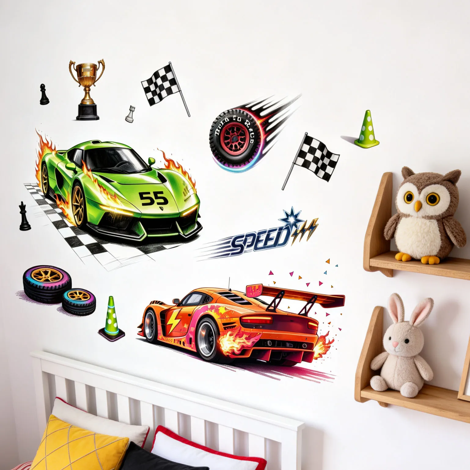 Racing Car Wall Stickers Green Orange Sports Race Car Flame Checkered Flag Trophy Tire Wall Decals Removable Boys Bedroom Playro