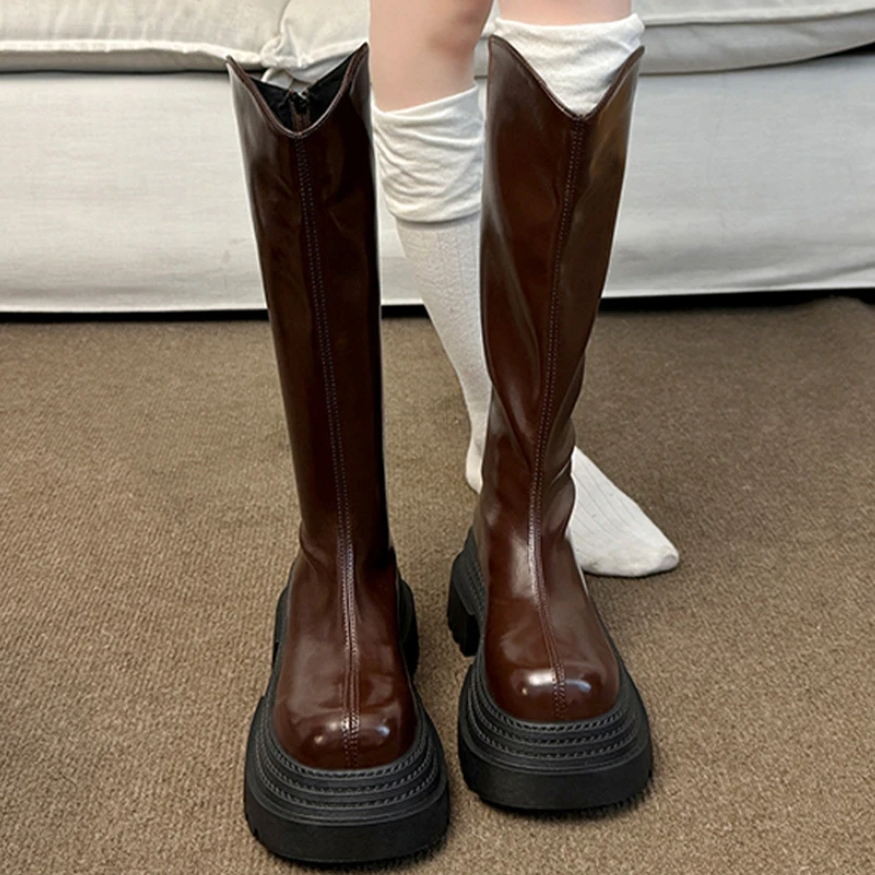 

Women's High Boots Flats Platform Knee High Shoes 2025 Winter Chelsea Leather Boots New Gothic Trend Fad Motorcycle Mujer Botas