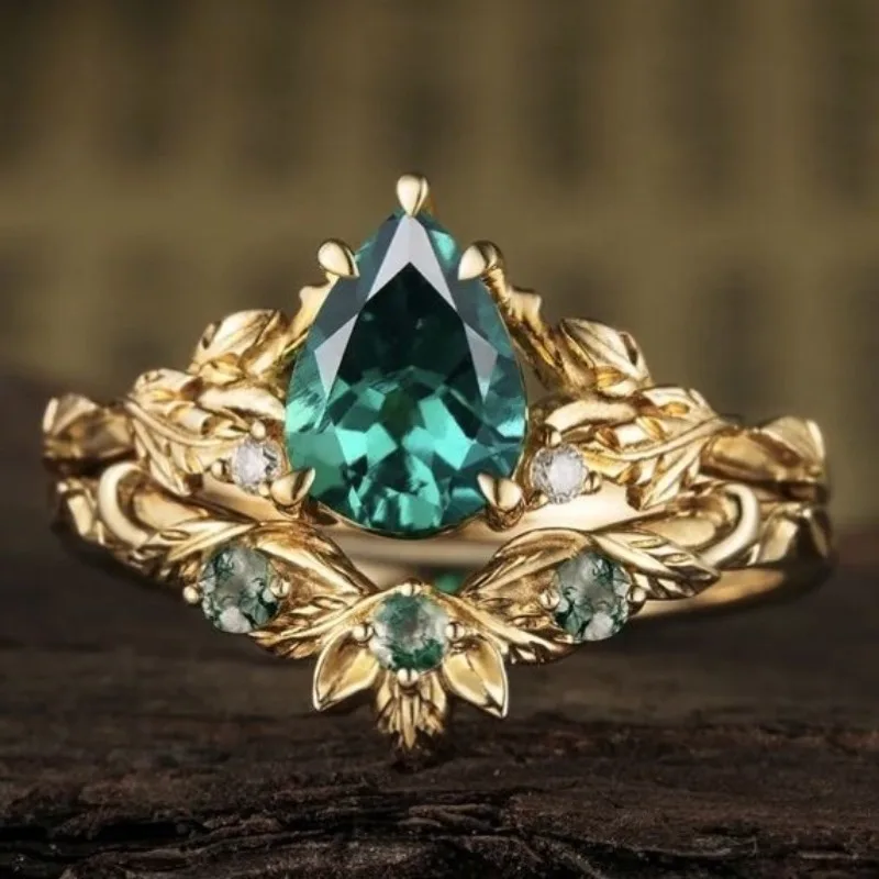

Charm Inlaid with Green White Stone Gold Color Waterdrop Flower Rings Set Fashion Party Rings for Women Jewelry