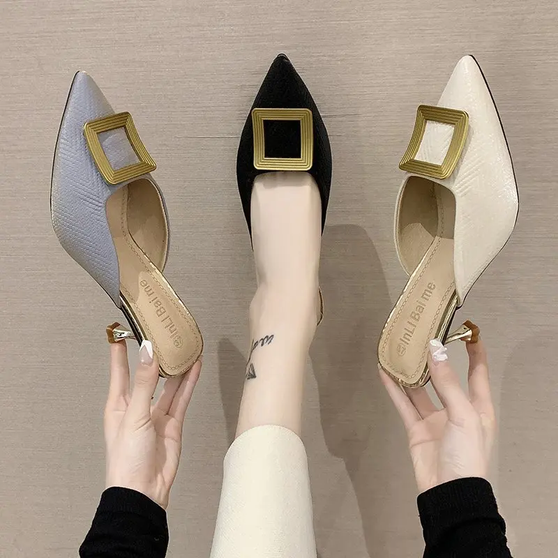 Summer New Style Baotou Metal Square Buckle Slippers Women Fashion Pointed Mid-heel Stiletto Sandals