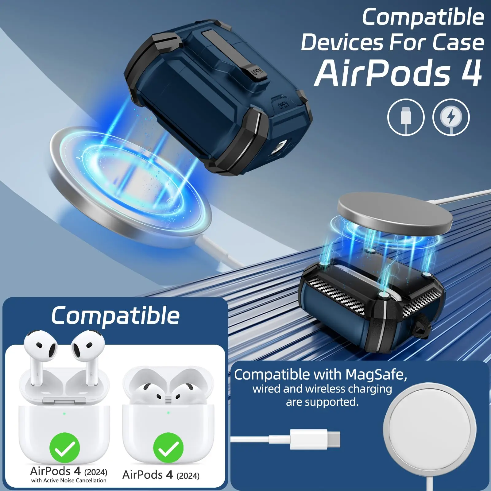 حافظة قفل لأجهزة AirPods 4 وAirPods 4 مع إلغاء الضوضاء النشط 2024 مع حامل هاتف ومجموعة تنظيف Air Pods حافظة واقية
