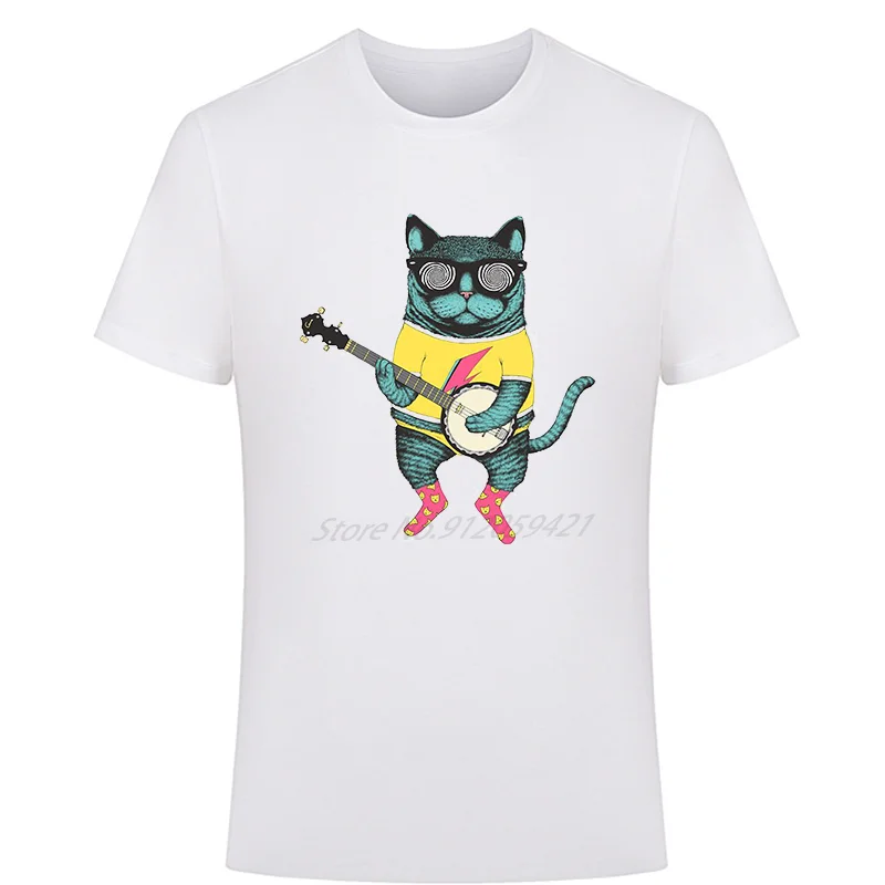 Banjo Cat Funny Graphic T Shirts Teens Rock Oversize Short Sleeve T-Shirts Summer O-Neck Tees Tops Mens Cotton Print T Shirt