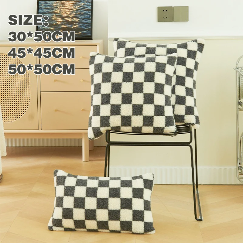 1Pc 45*45cm 50*50cm Checkerboard Plaid Plush Cushion Cover Knitted Car Sofa Throw Pillow Cover Short Fleece Pillowcase Cushion