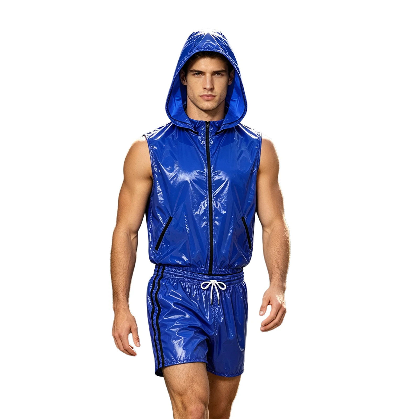 Mens Waterproof Sportwear Tracksuit Front Zipper Sleeveless Hooded Vest with Shorts Built-in Briefs for Gyms Fitness Workout view 3
