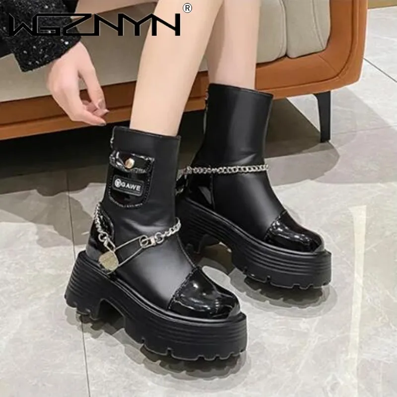 9CM Chunky High Heels Ankle Boots Women New 2024 Winter Platform Motorcycle Boots Woman Zipper Non Slip PU Leather Botas Mujer