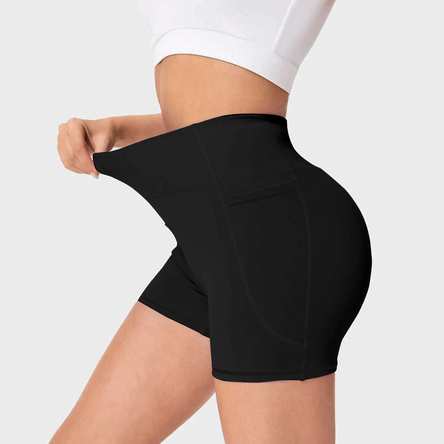 Sexy schwarze Damen-Sportshorts, weich, bequem, eng anliegend, kompressionswirkend, für umfassendes Training, Yoga, Joggen und andere sportliche Aktivitäten. – Detail 4