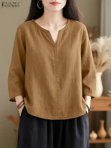 2025 ZANZEA Autumn Blouse Women V Neck Long Sleeve Tops Casual Solid Loose Shirt Female OL Work Blouses Retro Tunic Blusas Mujer
