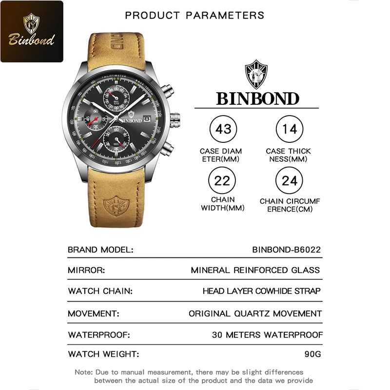 BINBOND ใหม่หรูหรานาฬิกาควอตซ์กันน้ําวันที่ Chronograph หนังผู้ชายนาฬิกาข้อมือทหารกีฬานาฬิกาผู้ชาย Reloj