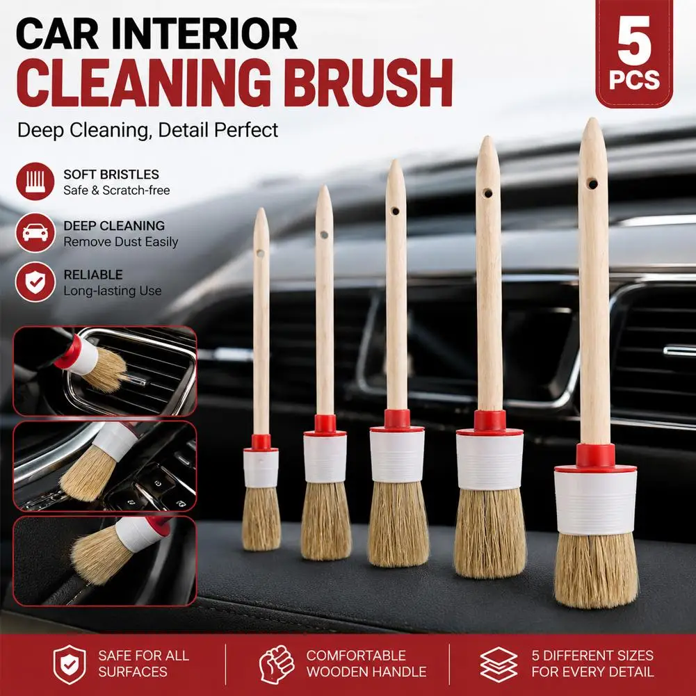 5Pcs Car Detailing Brush Set Natural Boar Bristles Soft Auto Cleaning Brushes for Interior Exterior Air Vent Wheel Dashboard