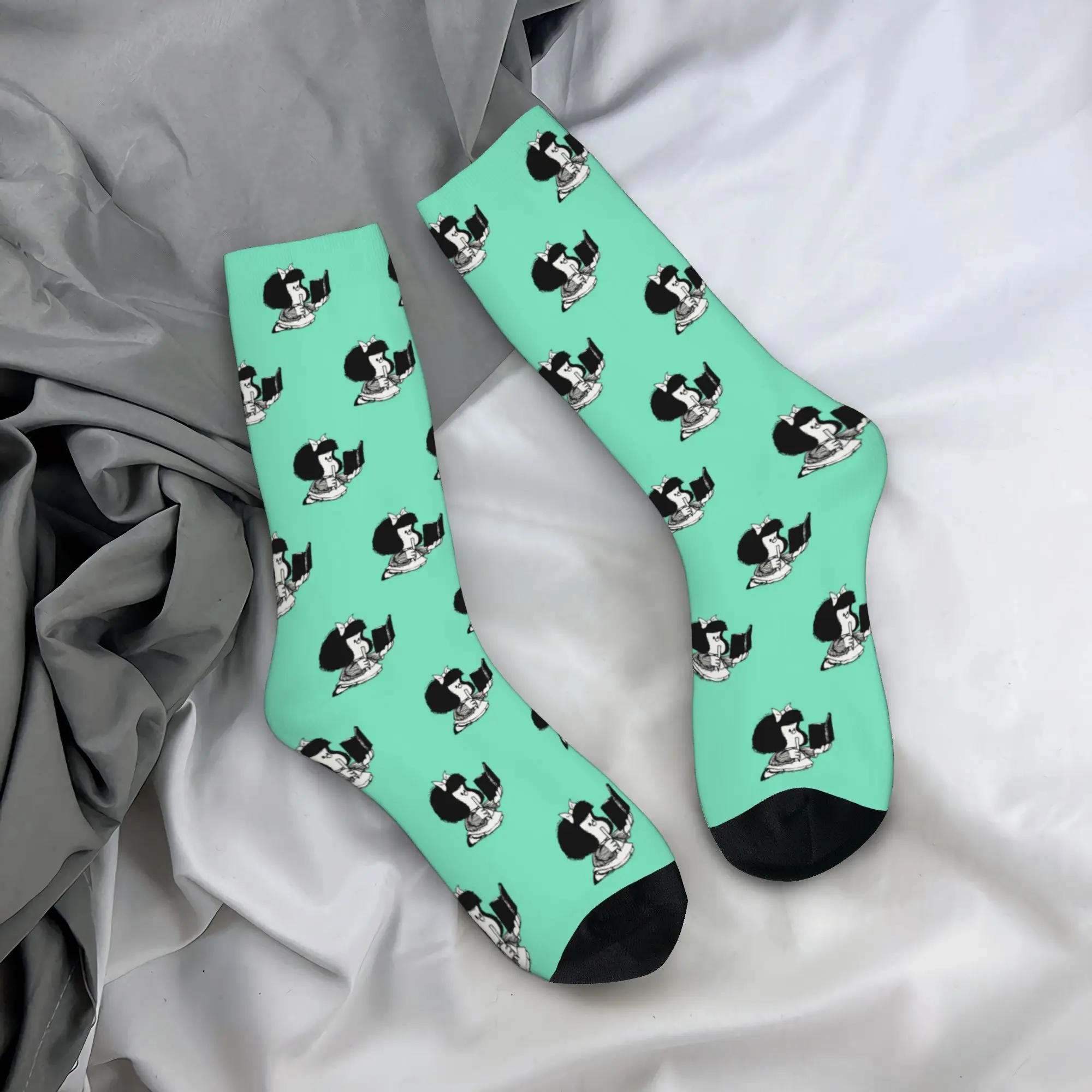 M-Mafalda Reading Her Book Men Women Crew Socks Unisex Funny 3D Printing Kawaii Cartoon Manga Dress Socks