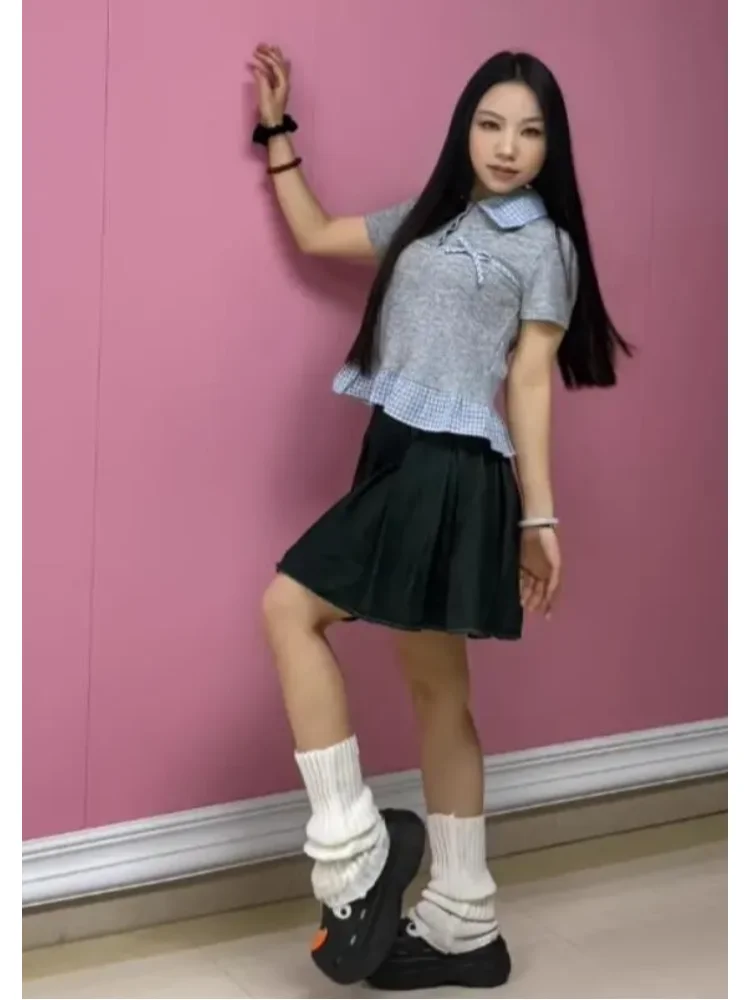 Korea Chic Patchwork Turn-down Collar T-shirt Preppy Style Minority Camisetas Two Piece New Slim Fashion Ropa Mujer