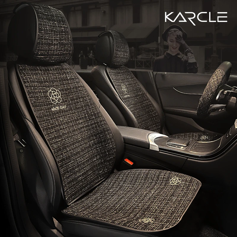 Karcle Cotton/ Linen Car Seat Cover Set Four Seasons Car Seat Cushion Universal Rear Front Seat Cover Pad Durable