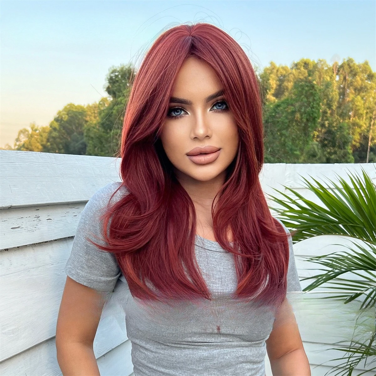 

Hot-selling fashion hair cover in Europe and America, eight-character bangs brown burgundy long curly hair fluffy trimmed wig wo