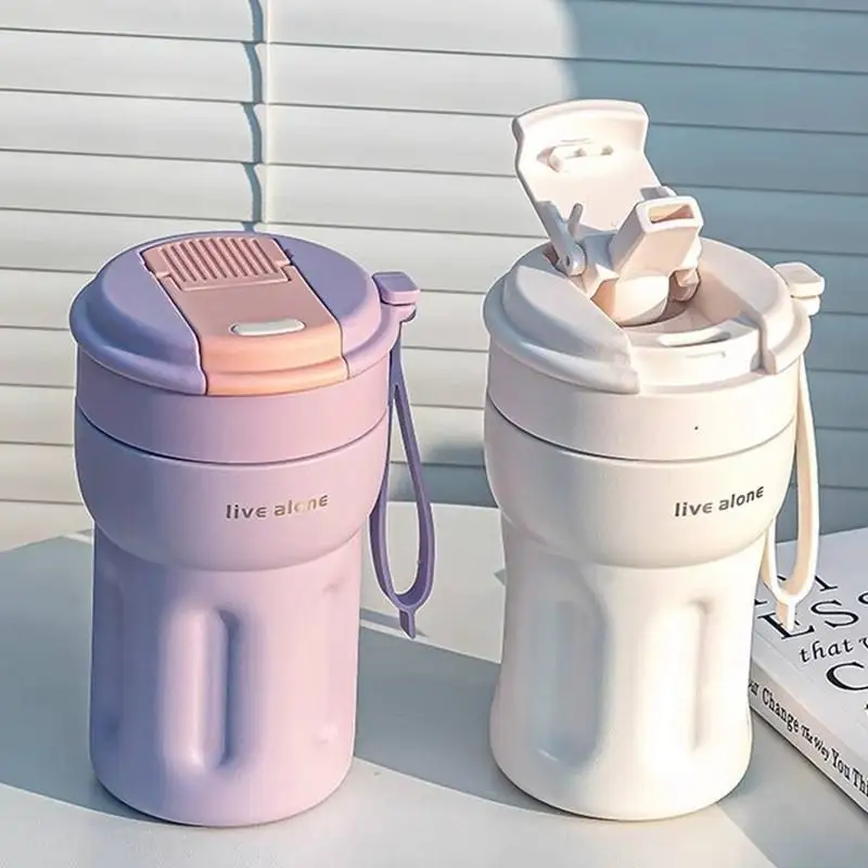 كوب قهوة/زجاجة مياه من الفولاذ المقاوم للصدأ 316 مع كوب، مقبض محمول، قش مزدوج، زجاجة مياه معزولة بسيطة