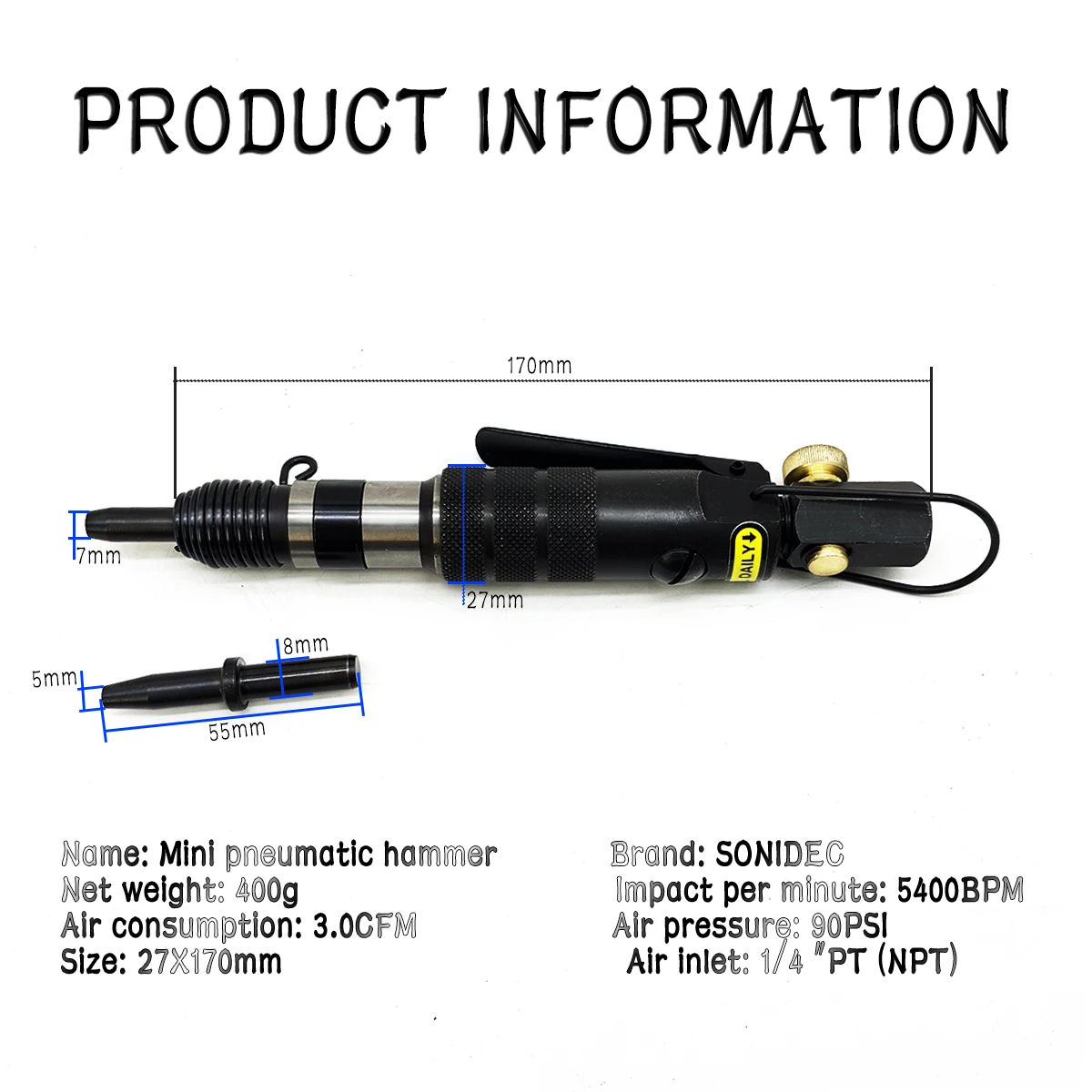 SONIDEC Professional Industrial Powerful Mini Straight Portable Pneumatic Hammer Machine