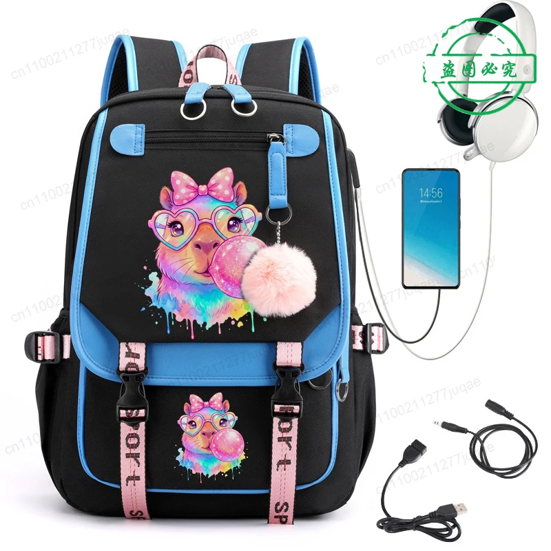 Primary High Class Backpack for Girls Rainbow Capybara Anime Kid Backpack Zipper Large Capacity Bookbag Teen Girl School Bag