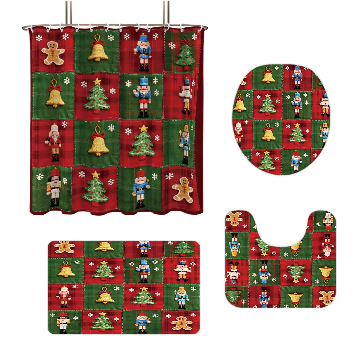 Weihnachtsstoff, Spleißen, bedruckt, Badezimmer, 4-teiliges Set, 180 x 180 cm, wasserdicht, Duschvorhang, Bodenmatte, WC-Pad, U-förmig
