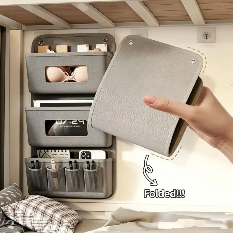 Bed Storage Bag for Dorm Beds, Fabric Hanging Pocket with Separate Sections for Daily Items, Tissues and Glasses JOMD
