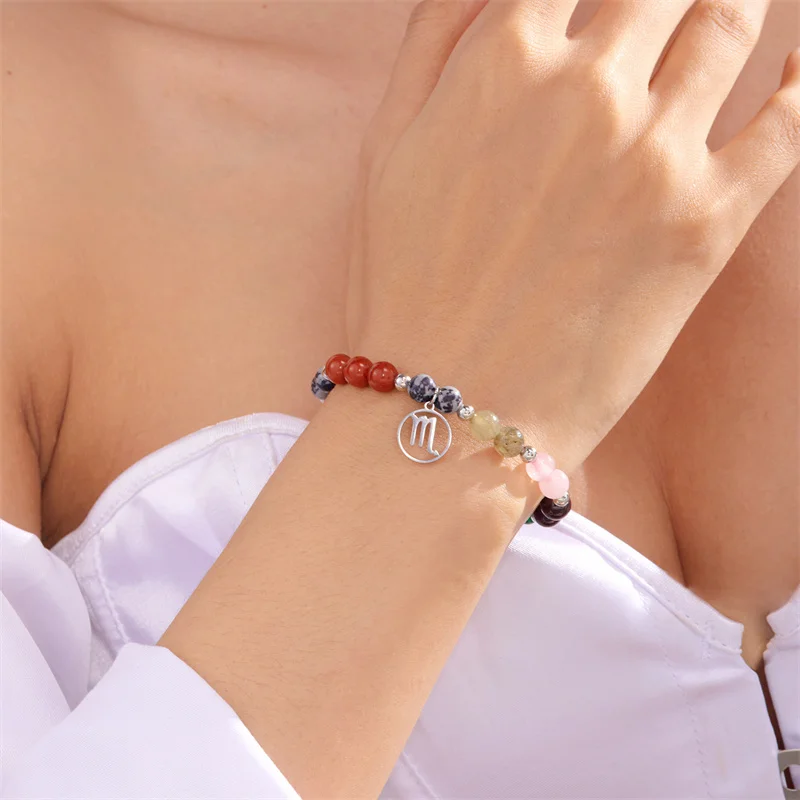 Minimalistische Bunte Naturstein-Perlenarmbänder für Damen und Herren, Modische Handgefertigte 12 Sternzeichen-Armbänder, Schmuck – Detail 7