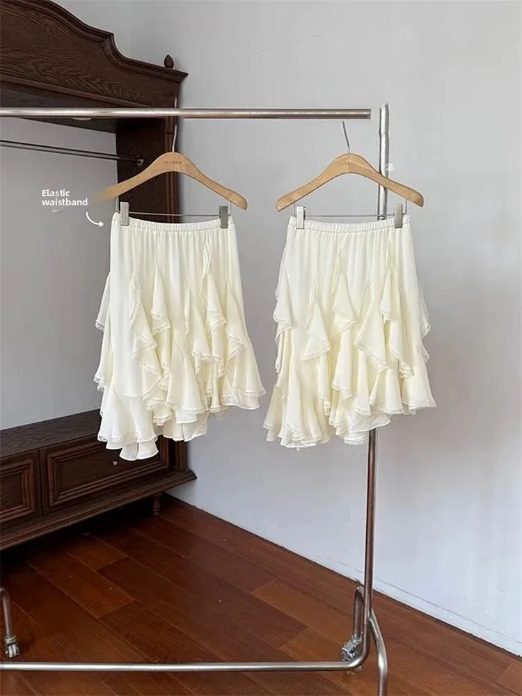 High Waist Asymmetrical Lace Splicing Midi Skirt Women's Spring Summer New Style Half-length Petal Skirt Korean Style Commute