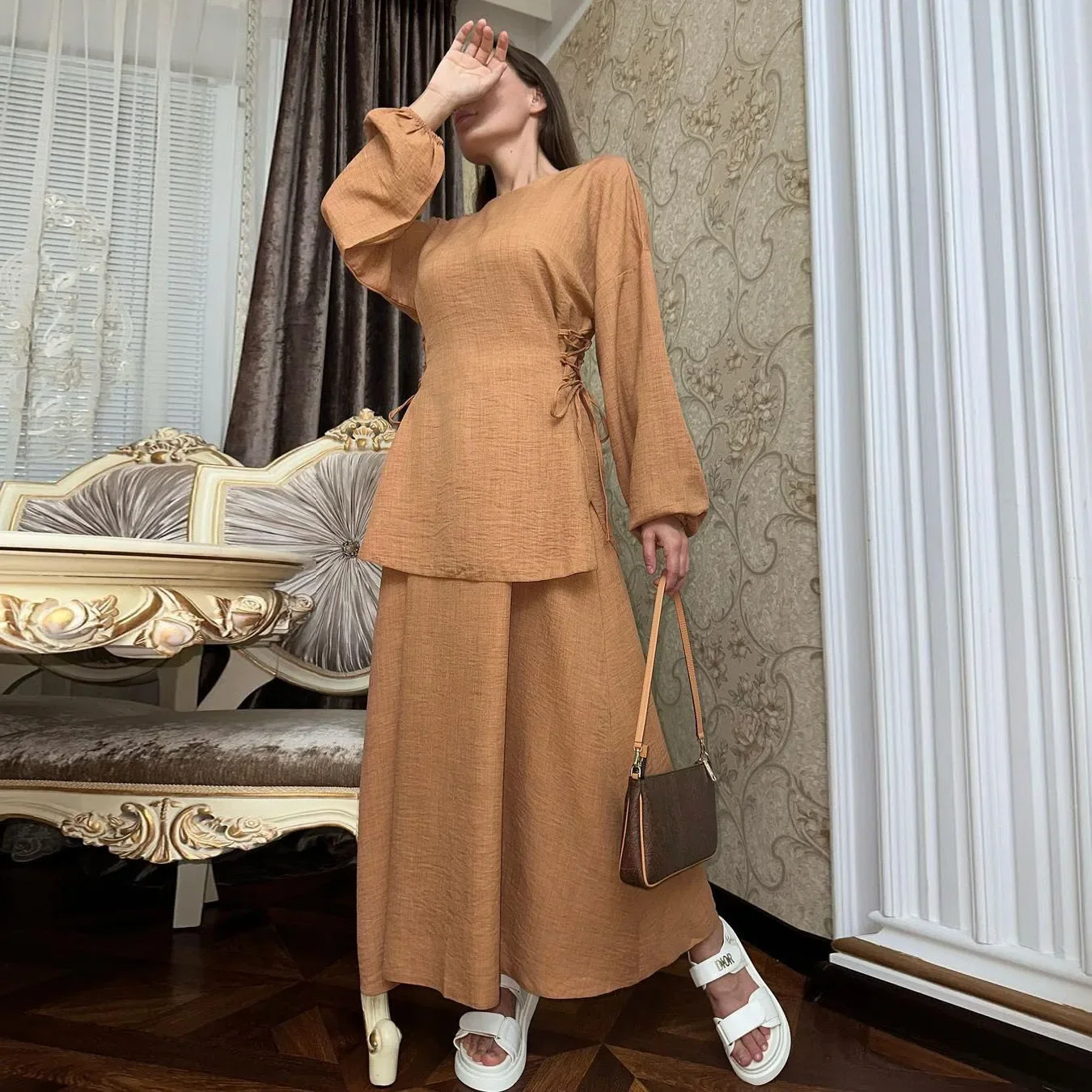 Middle East Arab Womens Muslim Sets Autumn New Fashion Lace-up Long-sleeved Shirt Skirt Casual Suit for Women