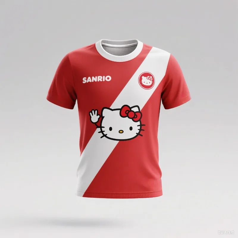 

Новинка 2025 года, мужская и женская летняя модная футболка с v-образным вырезом и короткими рукавами с принтом Hello Kitty, футбольный костюм